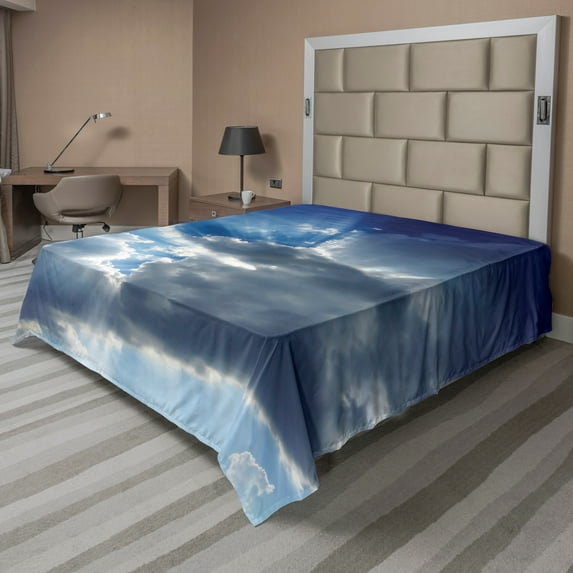 Ambesonne Landscape Flat Sheet, Sunbeams from Clouds, King Size, Grey Blue