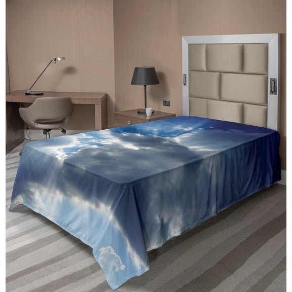 Ambesonne Landscape Flat Sheet, Sunbeams from Clouds, TwinXL Size, Grey Blue