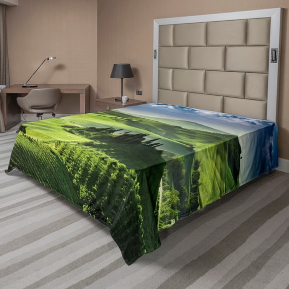 Ambesonne Landscape Flat Sheet, Sunrise in the Valley, Full Size, Green Blue