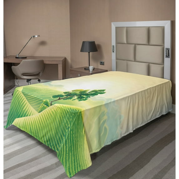 Ambesonne Landscape Flat Sheet, Sunrise on Rural Valley, Twin Size, Cream Fern Green