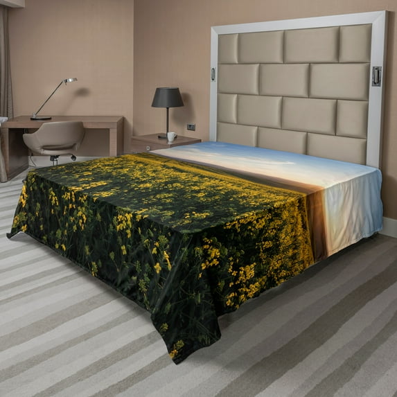 Ambesonne Landscape Flat Sheet, Sunset Flower Field, Queen Size, Yellow Green Blue