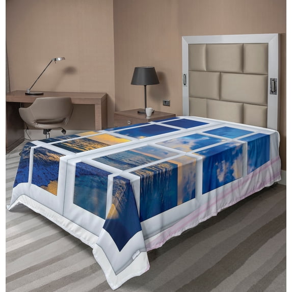 Ambesonne Landscape Flat Sheet, Sunset Sea Scenery, TwinXL Size, Blue White