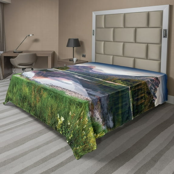Ambesonne Landscape Flat Sheet, Swiss Lake Sunrise, California King, Multicolor
