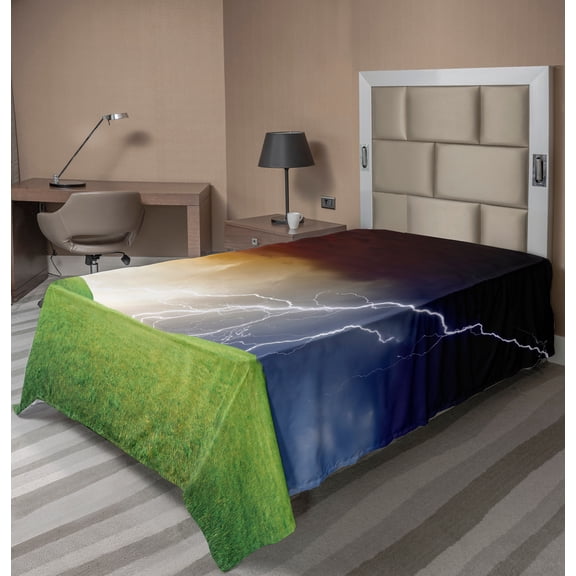 Ambesonne Landscape Flat Sheet, Thunder Field, TwinXL Size, Green Orange Blue