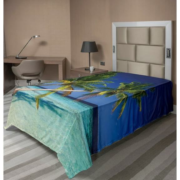 Ambesonne Landscape Flat Sheet, Tropic Island Palms, Twin Size, Aqua Blue Green