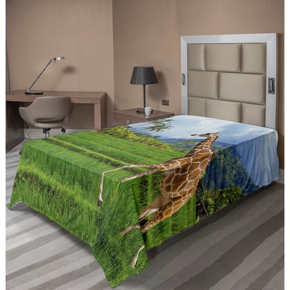 Ambesonne Landscape Flat Sheet, Tropical Wild Animals, Twin Size, Fern Green Pale Blue