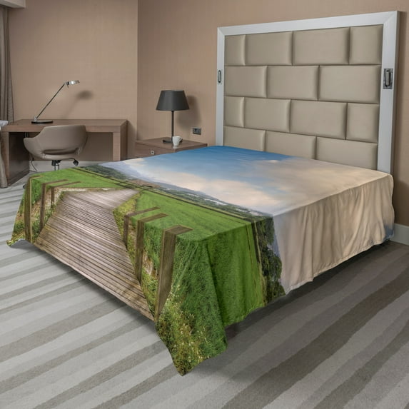 Ambesonne Landscape Flat Sheet, Wooden Rural Path, King Size, Green Blue