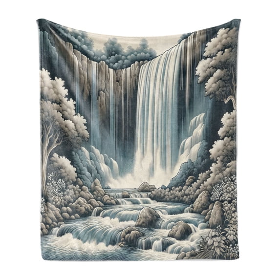Ambesonne Landscape Fleece Throw Blanket Expressive Waterfall Art 50"x70" Blue Grey Pale Sepia
