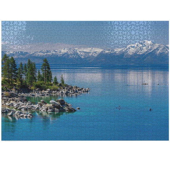 Ambesonne Landscape Jigsaw Puzzle Durable Cardboard, Blue Water Lake Tahoe, 1000 pcs, Pale Blue Green Grey