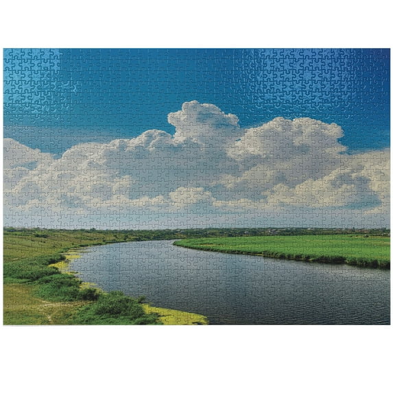Ambesonne Landscape Jigsaw Puzzle Durable Cardboard, Clouds River Meadows, 1000 pcs, Green Blue White