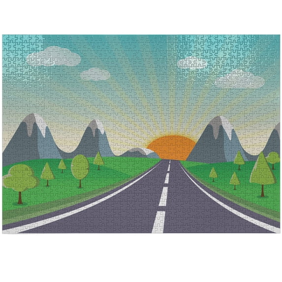 Ambesonne Landscape Jigsaw Puzzle Durable Cardboard, Road Trip Forest, 1000 pcs, Multicolor