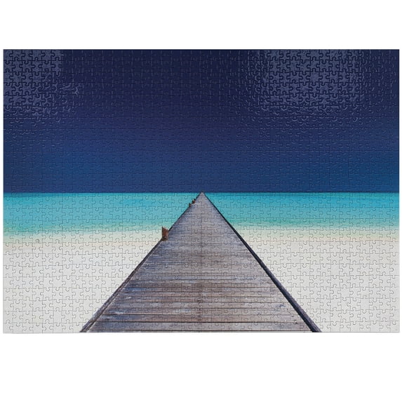 Ambesonne Landscape Jigsaw Puzzle, Wooden Path into Ocean, Heirloom-Quality Fun Activity for Family Durable Cardboard, 1000 pcs, Navy Turquoise Cream