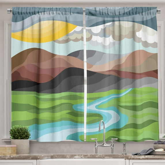 Ambesonne Landscape Kitchen Curtains, Abstract Mountains River, 55"x39", Multicolor