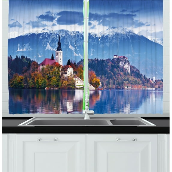 Ambesonne Landscape Kitchen Curtains, Bled Slovenia Lake, 55"x39", Multicolor