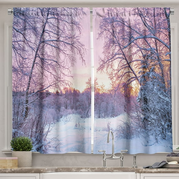 Ambesonne Landscape Kitchen Curtains, Braches Snowy Sunset, 55"x45", Lavender Lilac White