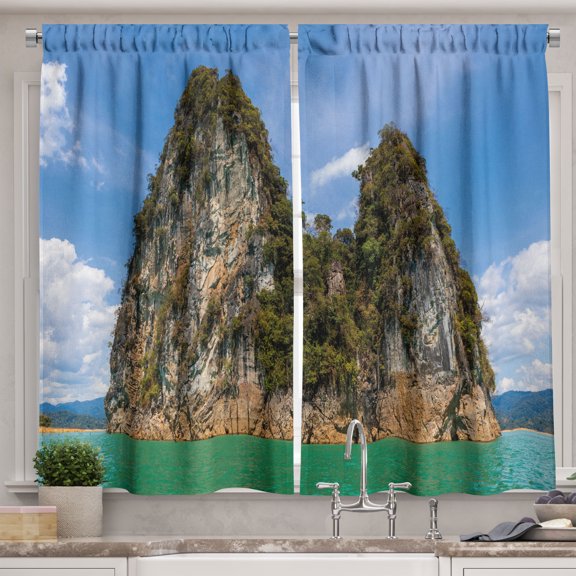 Ambesonne Landscape Kitchen Curtains, Cheo Lan Lake Scenery, 55"x30", Deep Sky Blue and Green Brown