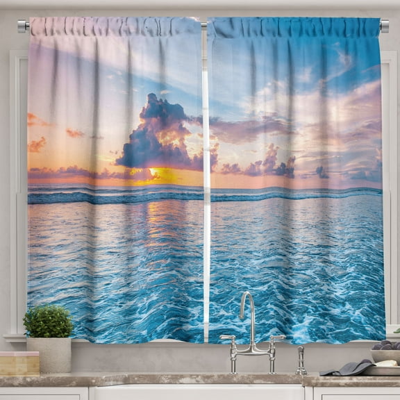 Ambesonne Landscape Kitchen Curtains, Colorful Sunset Sea Print, 55"x24", Dark Turquoise and Orange