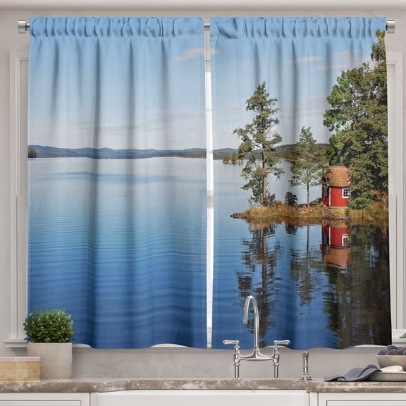 Ambesonne Landscape Kitchen Curtains, Country Lake House, 55"x36", Multicolor
