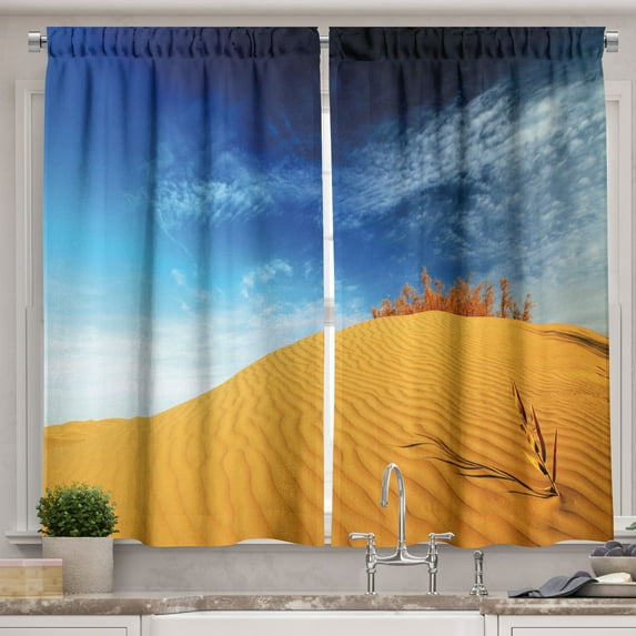 Ambesonne Landscape Kitchen Curtains, Desert Sand Dunes, 55"x45", Blue and Apricot