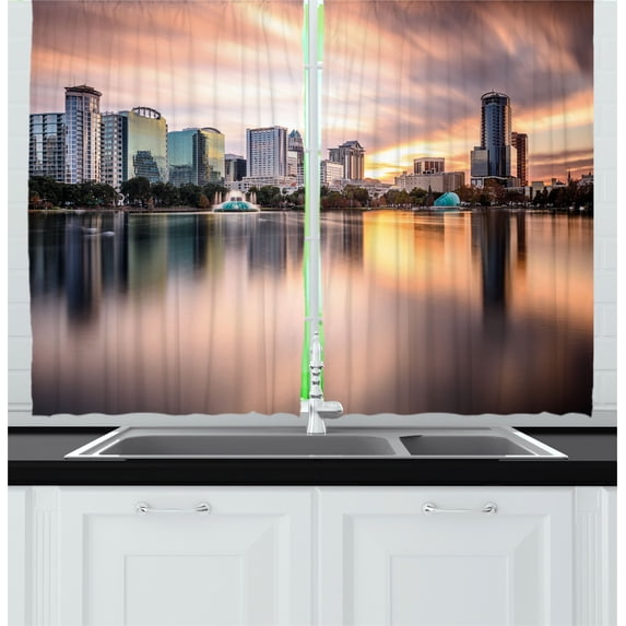 Ambesonne Landscape Kitchen Curtains, Downtown City Skyline, 55"x39", Teal Peach Grey