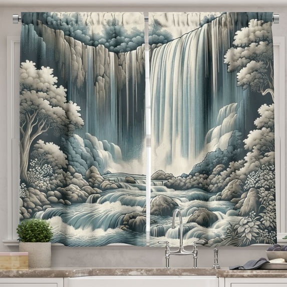 Ambesonne Landscape Kitchen Curtains, Expressive Waterfall Art, 55"x45", Blue Grey Pale Sepia
