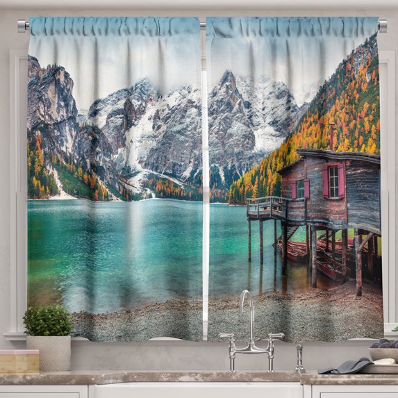 Ambesonne Landscape Kitchen Curtains, Lake Braies in Alps View, 55"x24", Multicolor