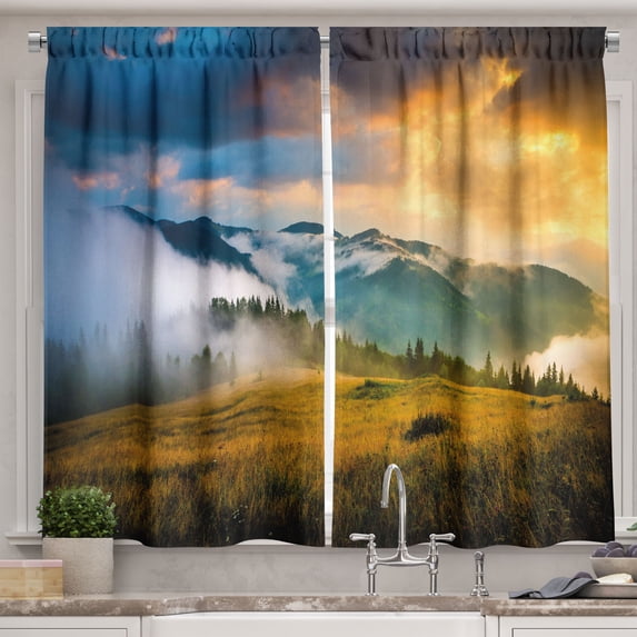 Ambesonne Landscape Kitchen Curtains, Misty Mountaintops, 55"x39", Yellow Blue Green