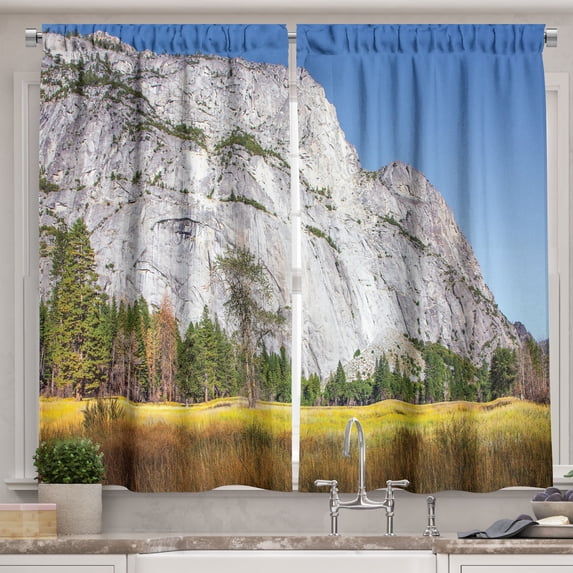 Ambesonne Landscape Kitchen Curtains, Mountain Forrest Nature, 55"x30", Blue Pale Grey Mustard