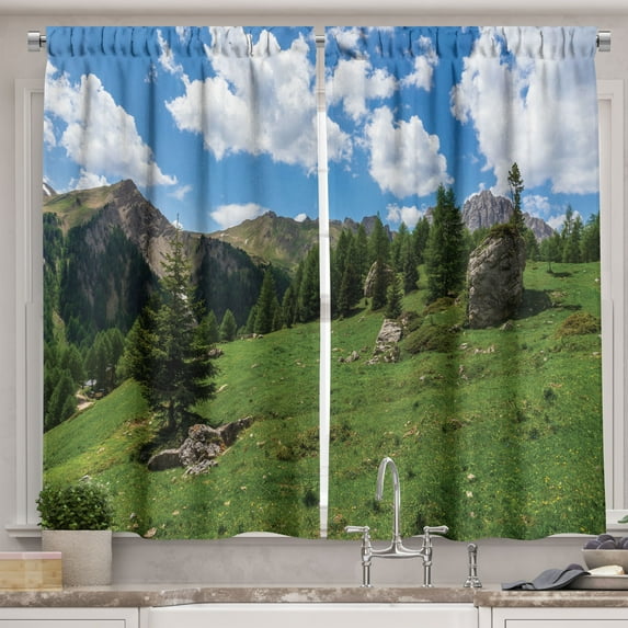 Ambesonne Landscape Kitchen Curtains, Mountain View in Italy, 55"x39", Olive Green and Deep Sky Blue
