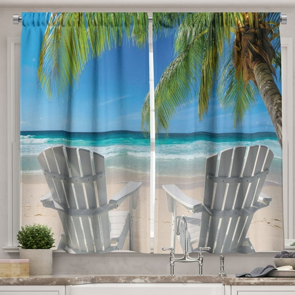Ambesonne Landscape Kitchen Curtains, Palm Tree Chairs Beach, 55"x30", Azure Blue and Olive Green
