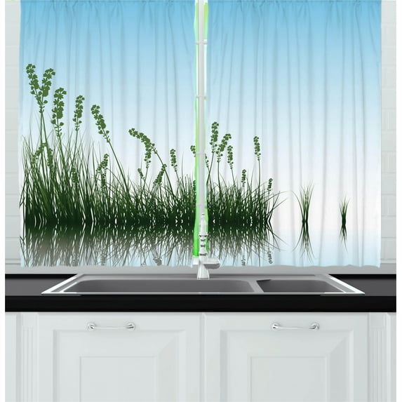 Ambesonne Landscape Kitchen Curtains, Scenery Lake Bushes, 55"x39", Pale Blue Jade Green