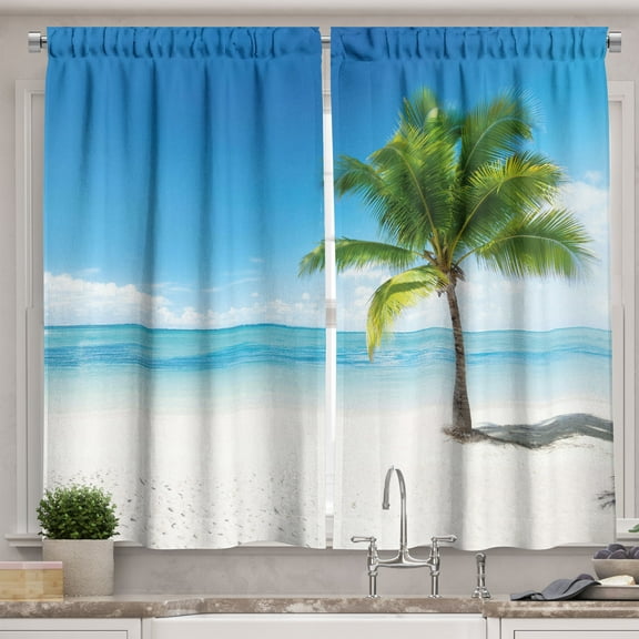 Ambesonne Landscape Kitchen Curtains, Sea Ocean Palm Trees, 55"x39", Sky Blue Green and White