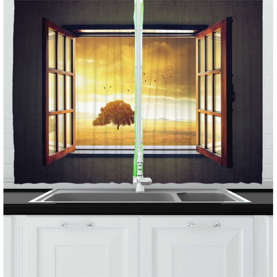 Ambesonne Landscape Kitchen Curtains, Spring Birds Country, 55"x45", Grey Marigold Brown