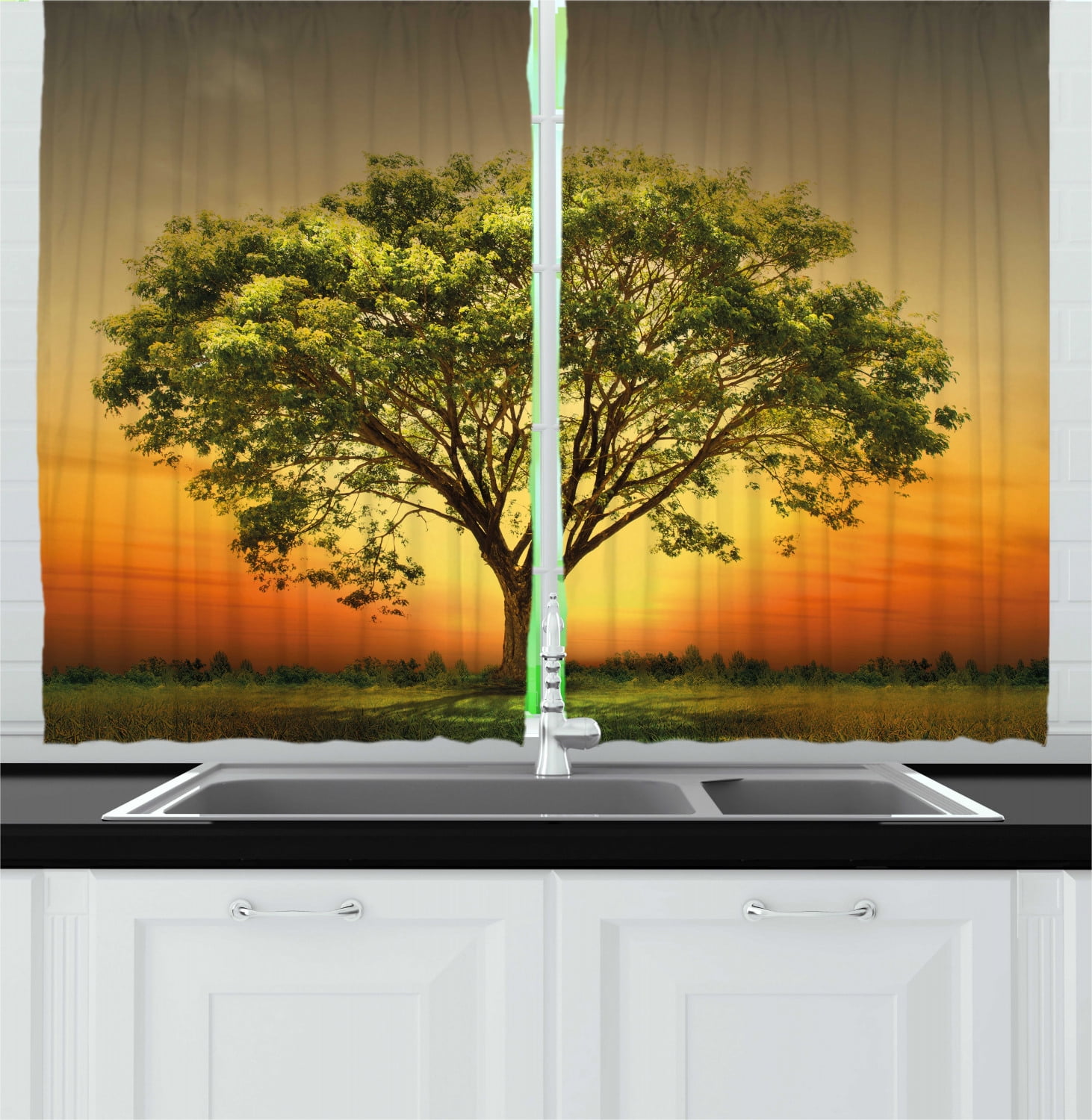 Sunset Scenery Polyester Light-Filtering Kitchen Curtain Panel Pair