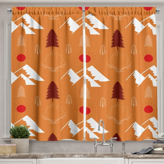 Ambesonne Landscape Kitchen Curtains, Symmetrical Forest Items, 55"x45", Orange Burgundy Scarlet