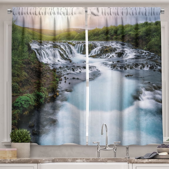 Ambesonne Landscape Kitchen Curtains, Waterfall Trees Print, 55"x24", Pale Blue Grey and Fern Green