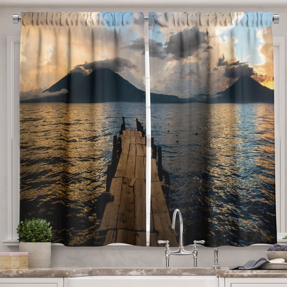 Ambesonne Landscape Kitchen Curtains, Wooden Pier on Lake, 55"x39", Multicolor