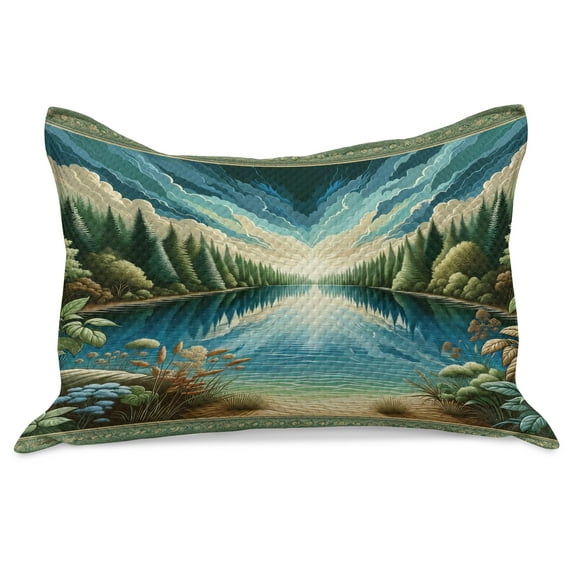 Ambesonne Landscape Knitted Quilt Pillowcover, River and Forest Symmetry, 30"x20", Green Blue