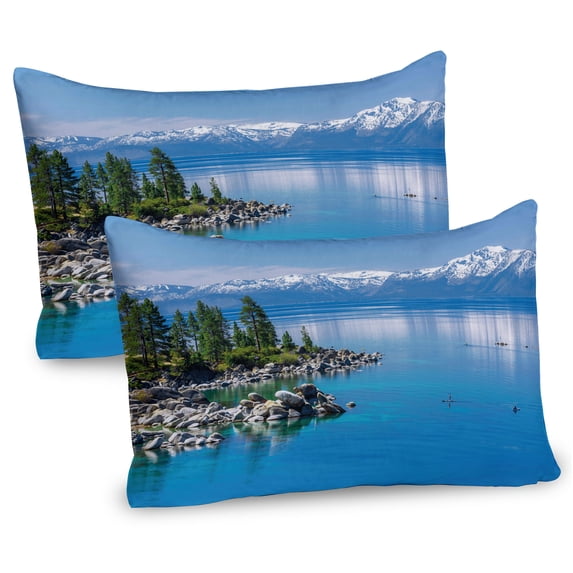 Ambesonne Landscape Pillow Sham 2 Pack, Blue Water Lake Tahoe, 26"x20", Pale Blue Green Grey
