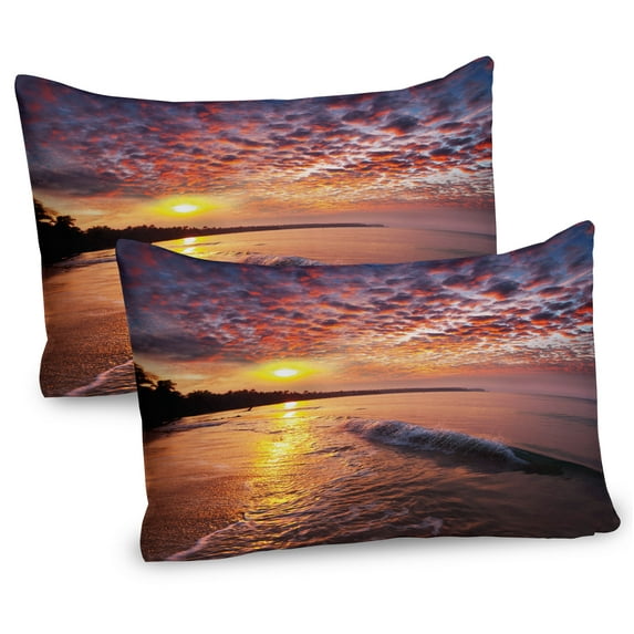 Ambesonne Landscape Pillow Sham 2 Pack, Dawn at Beach Seaside, 30"x20", Orange Mauve Blue