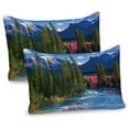 thumbnail image 1 of Ambesonne Landscape Pillow Sham 2 Pack, River Log Lake Village, 26"x20", Green Blue and Dark Pink, 1 of 3