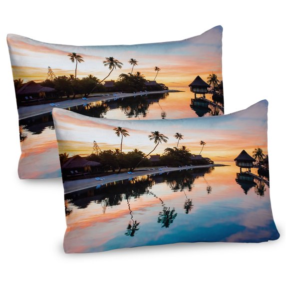 Ambesonne Landscape Pillow Sham 2 Pack, Sunset Moorea Island, 26"x20", Yellow Coral Blue