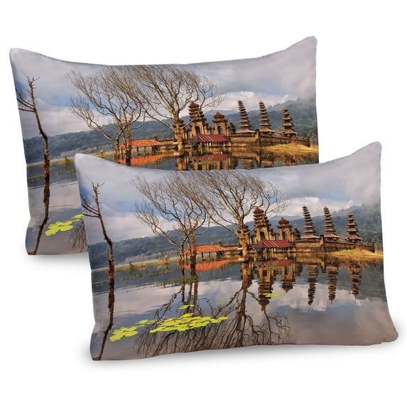 Ambesonne Landscape Pillow Sham 2 Pack, Tamblingan Bali Lake, 26"x20", Brown and Grey