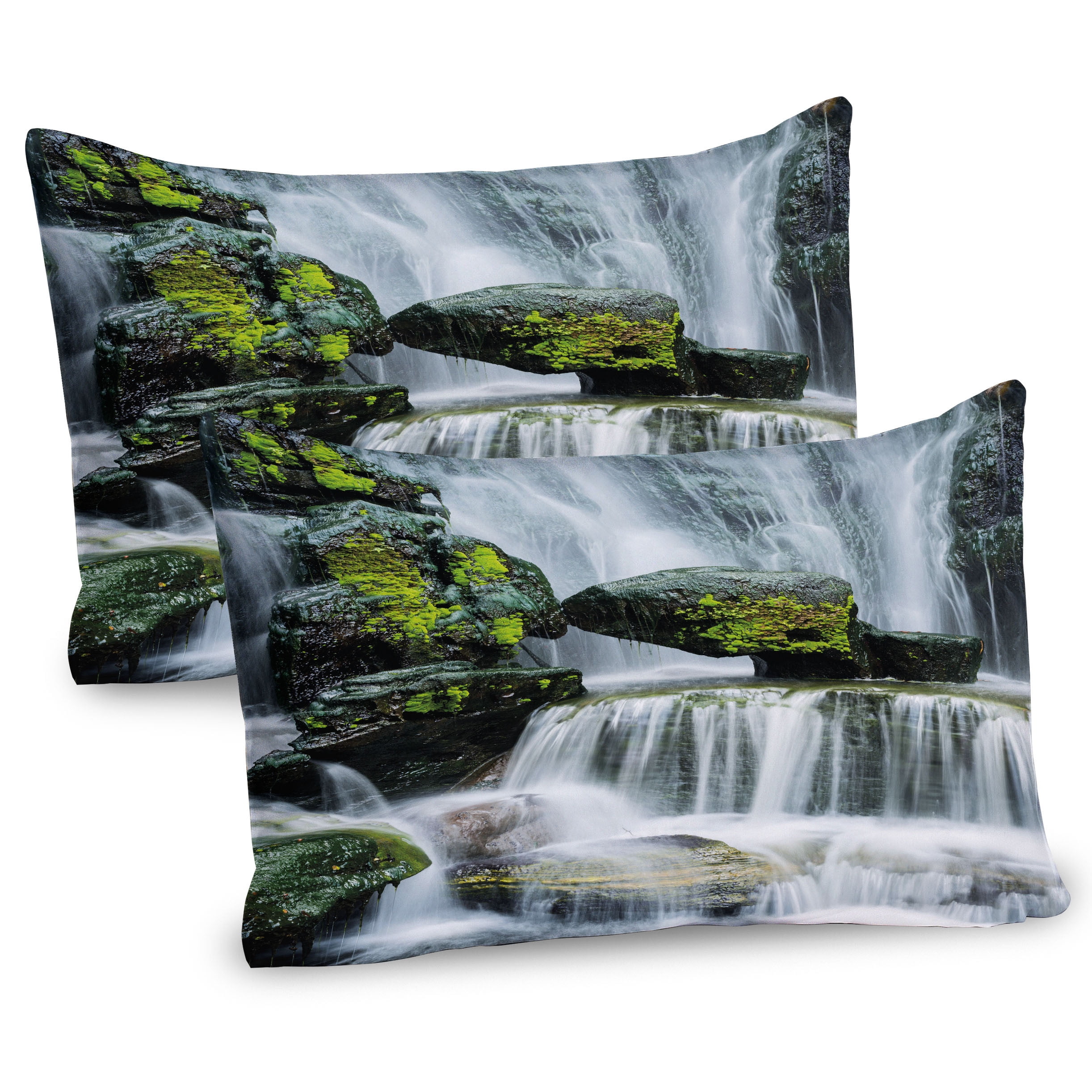 Ambesonne Landscape Pillow Sham 2 Pack, Waterfall with Rocks, 36