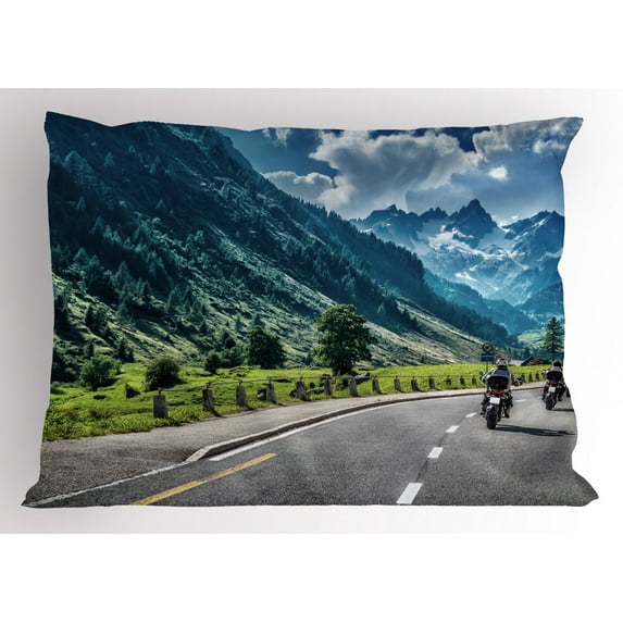 Ambesonne Landscape Pillow Sham, Motorcyclist on Road, 36" X 20", Multicolor