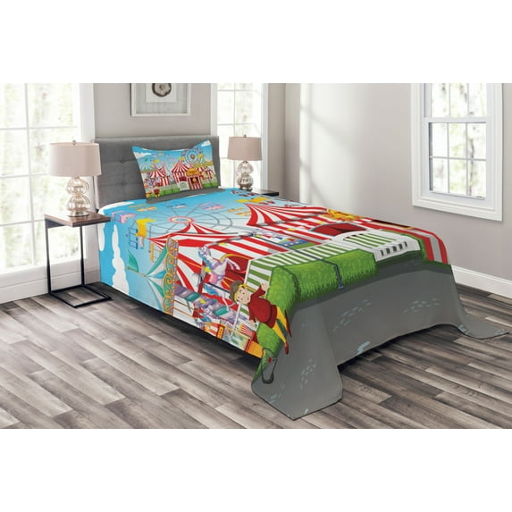 Ambesonne Landscape Quilted Bedspread Set 2 Pcs, Carnival Many Rides, Twin Size, Multicolor