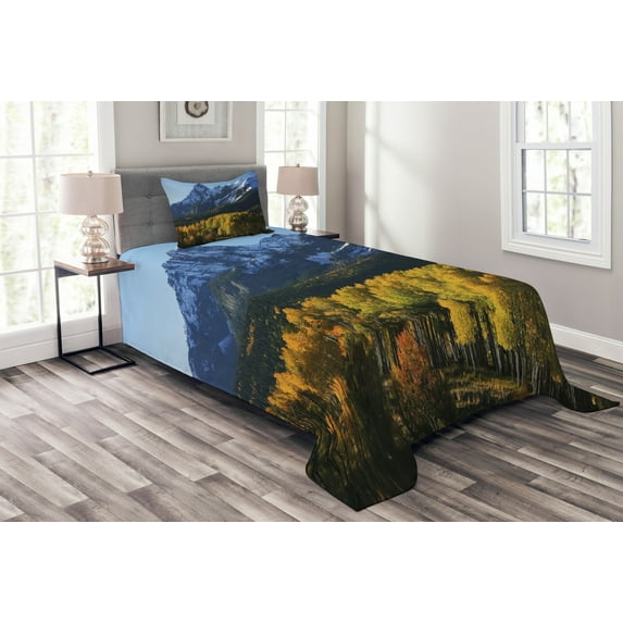Ambesonne Landscape Quilted Bedspread Set 2 Pcs, Colorado Village, Twin Size, Green Blue