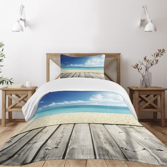 Ambesonne Landscape Quilted Bedspread Set 2 Pcs, Exotic Ocean Nautical, Twin Size, Cream Turquoise White