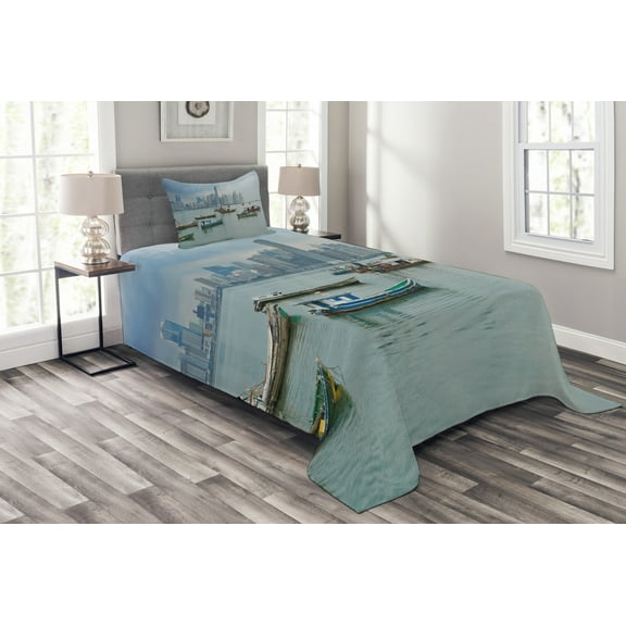 Ambesonne Landscape Quilted Bedspread Set 2 Pcs, Fishing Boats Panama, Twin Size, Multicolor
