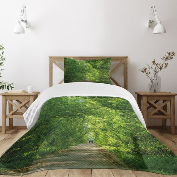 Ambesonne Landscape Quilted Bedspread Set 2 Pcs, Fresh Canopy Forest, Twin Size, Green